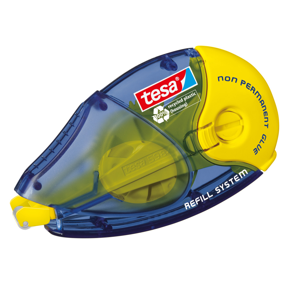 Klebeband-Abroller, Klebebandspender, Tesa Refill System, Gelbblaues Gehäuse, Recycling Kunststoff