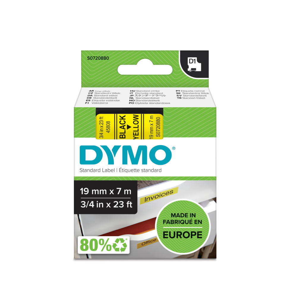 Etiketten, Standardetikett, Dymo, Schwarz, Gelb, Beschriftungsband, EUROPA, 80% Recycling, Made in Europe, Office