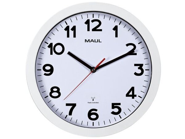 Wanduhr MAULstep, weiß, Ø 30 cm, Quarzlaufwerk, 3 Zeiger (schwarz: Stunde, Minute, rot: Sekunde), schwarze Ziffern auf weißem Grund