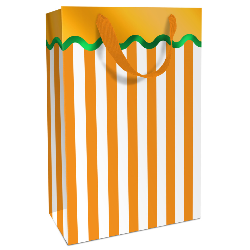 Geschenkverpackung, Papiertragetasche, Orangene Streifen, Grünes Band, Tragegriff