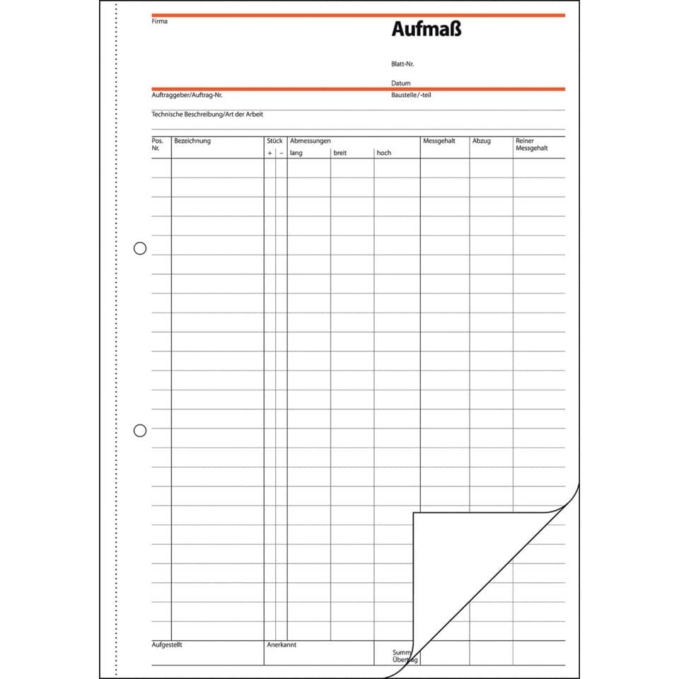 Form, Aufmaß, Blatt-Nr, Datum, Technische Beschreibung, Bezeichnung, Stück, Abmessungen, länge, breit, hoch, Messgehalt, Abzug, Reiner Messgehalt