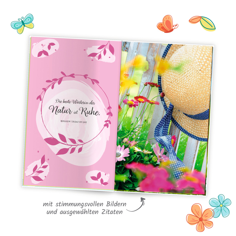 notizbuch, pinkes design, blumenmotiv, zitat, faltbuch