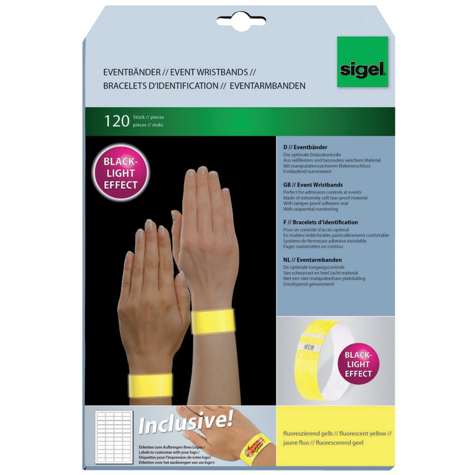Eventbänder, Armbänder, Identifikation, Black-Light, Fluoreszierend, Eventbänder, Armbänder, Fluoreszierendes Gelb, Black-light Effekt, Identifikation