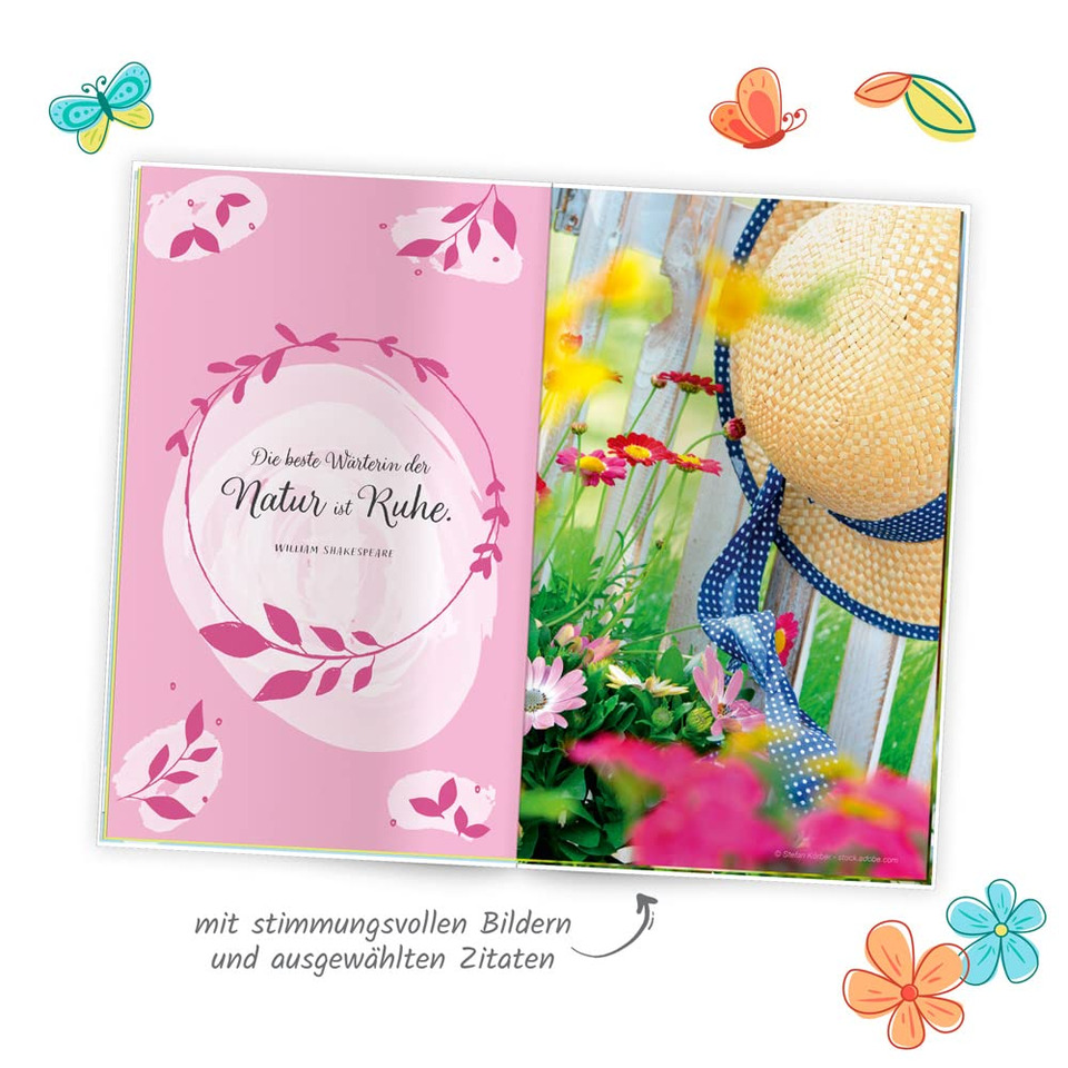 Notizbuch, Kunstleder?, Pflanzenbild, Sommerbild, Zitate?, Spitzen?, Buchlayout, Seite pink