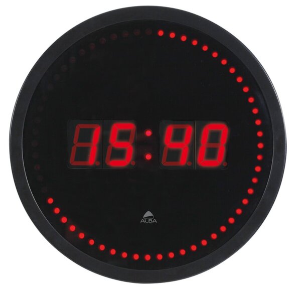 Wanduhr, schwarz, Ø 30 cm, LED, Glaslinse, rote Ziffern auf schwarzem Grund