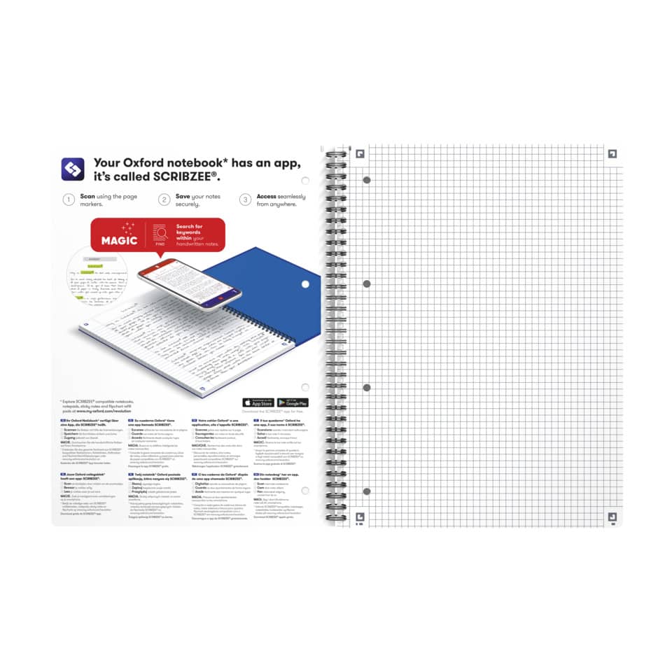 Notizbuch, Gitterpapier, spiralgebunden, blauer Einband, offenes Heft