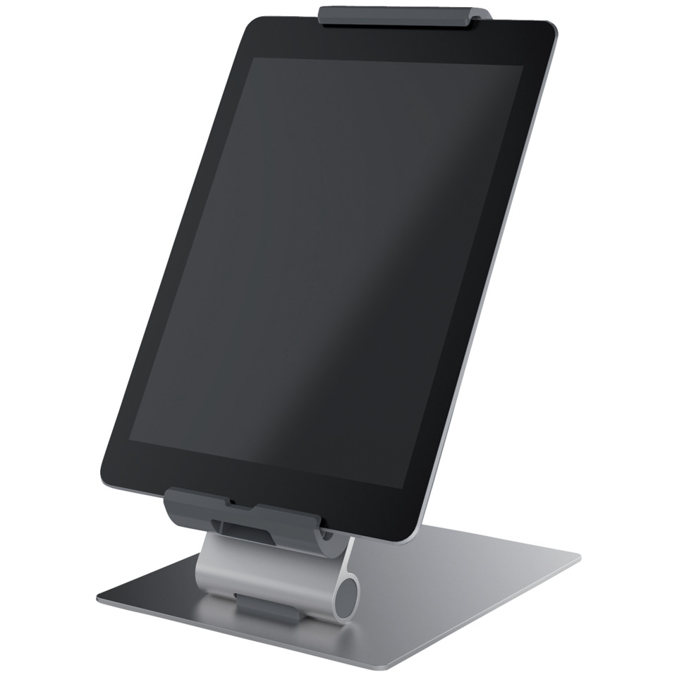 tablet stand, tablet holder, adjustable stand, metal base, black tablet