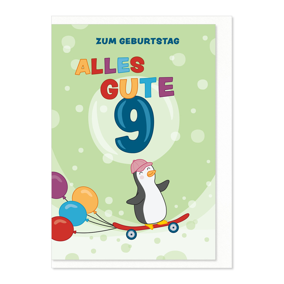 geburtstag, karte, pinguin, schlitten, ballons