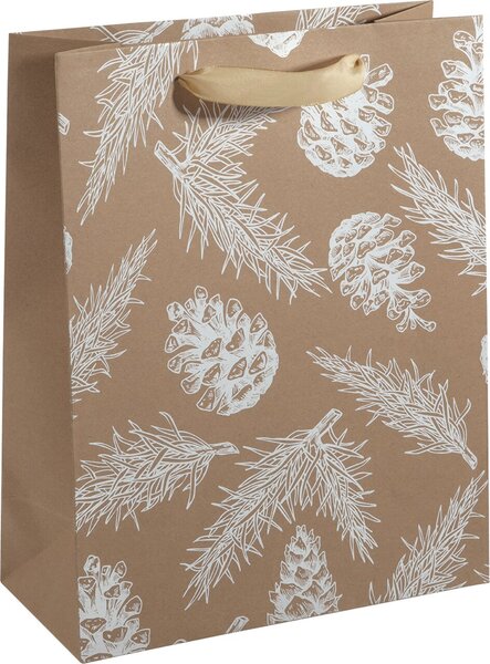 Geschenktasche Large, Pine cones and pine branches, matte Oberfläche mit weißer UV-Lack-Veredelung, Braunpapier, Maße: 260 x 330 x 120 mm