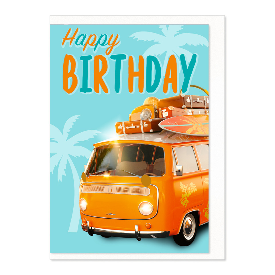 orange van, Surfbrett, Gepäck, Geburtstagskarte, Sommerfarben