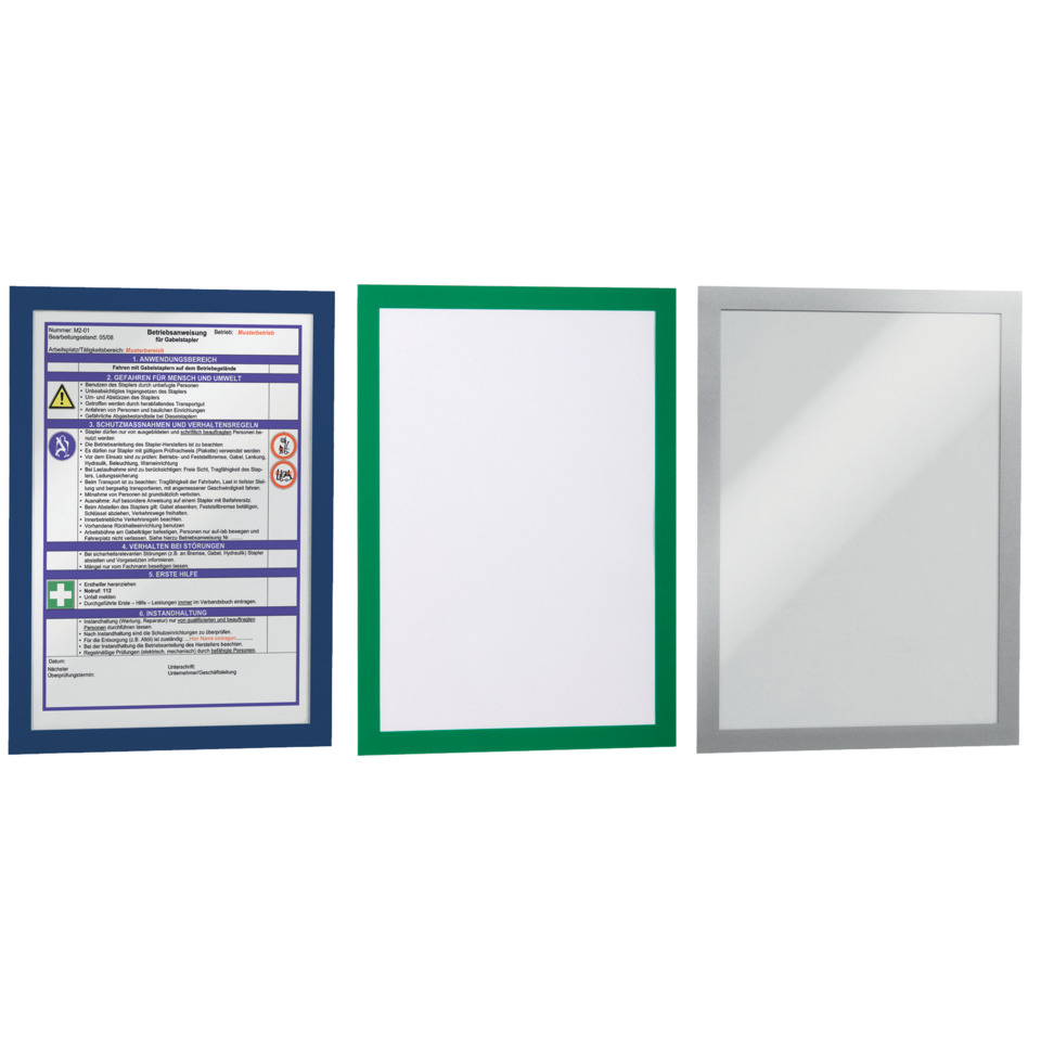 poster, instruction sheet, grüner rahmen, blauer rahmen, broschürenhalter