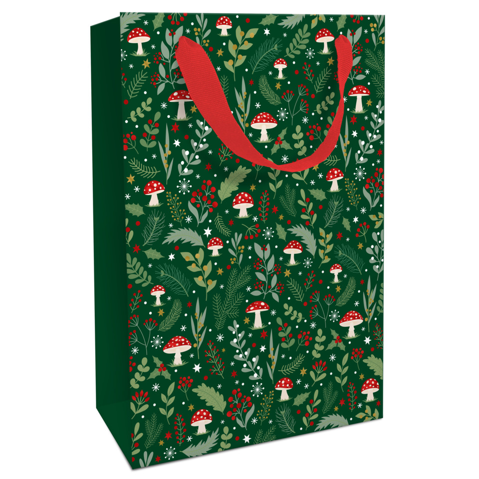 Geschenktüte, Motive:Mushrooms, Weihnachtsdesign, Grün, Schleife/Tragegriff