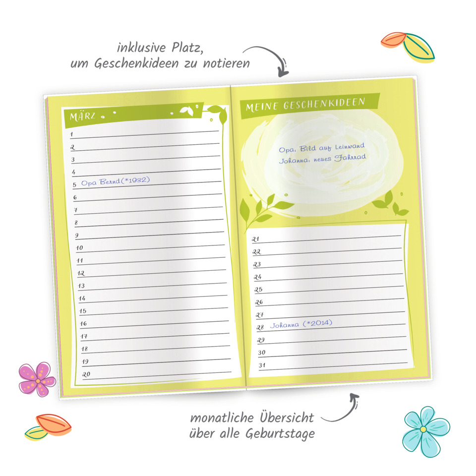 notebook, gift idea, Geburtstagsplaner, Kalender, Zweibuchseite