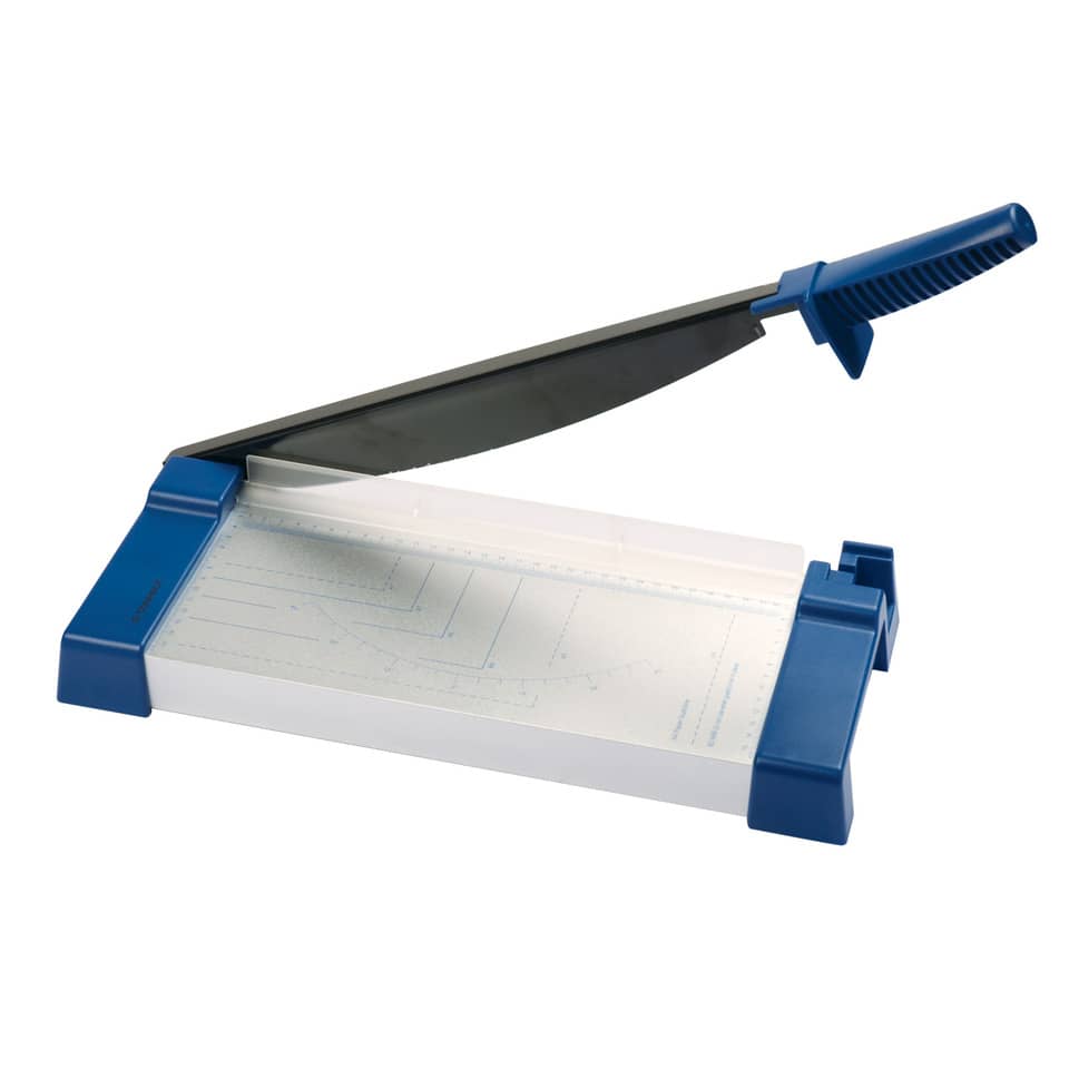 Schneidwerkzeug, Papierschneider, Kunststoffgehäuse, Blaue Griffe, Schiebetisch
