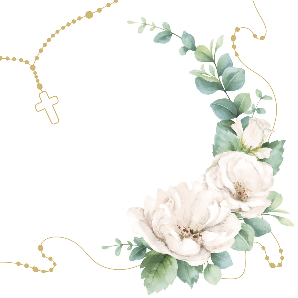roses, blumenrand, eucharist rosary, gold necklace, weiße blumen
