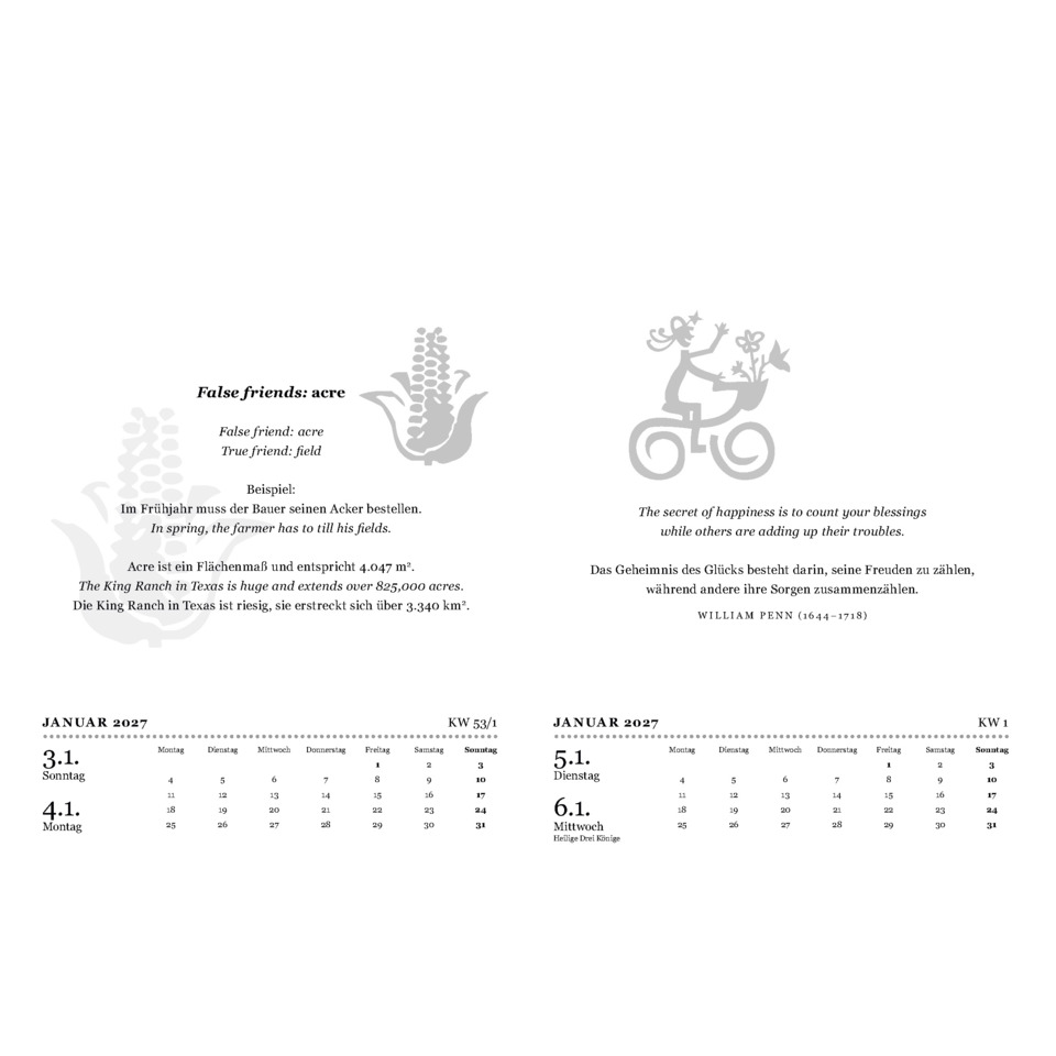 kalender, kalenderblatt, januar 2027, zweiseiten kalender, datengitter