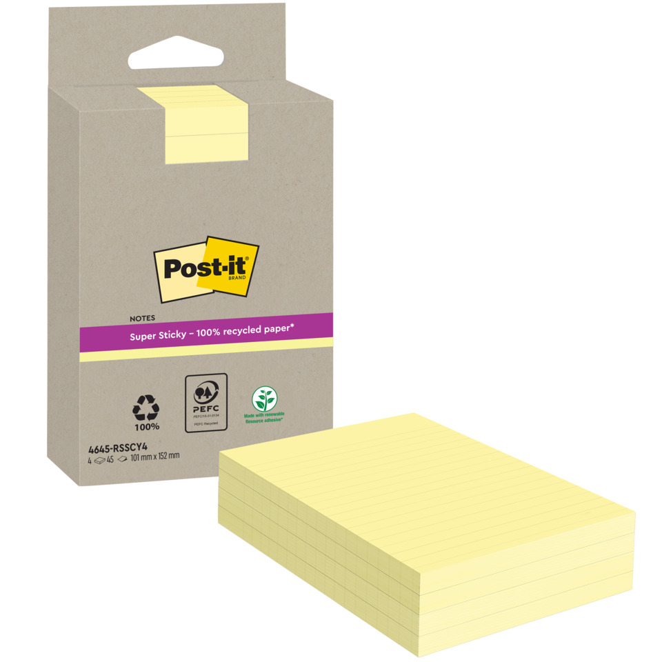 Haftnotizblock Super Sticky Recycling Notes, 102x152mm, liniert, gelb, 4x45 Blatt POST-IT 4645-RSSCY4