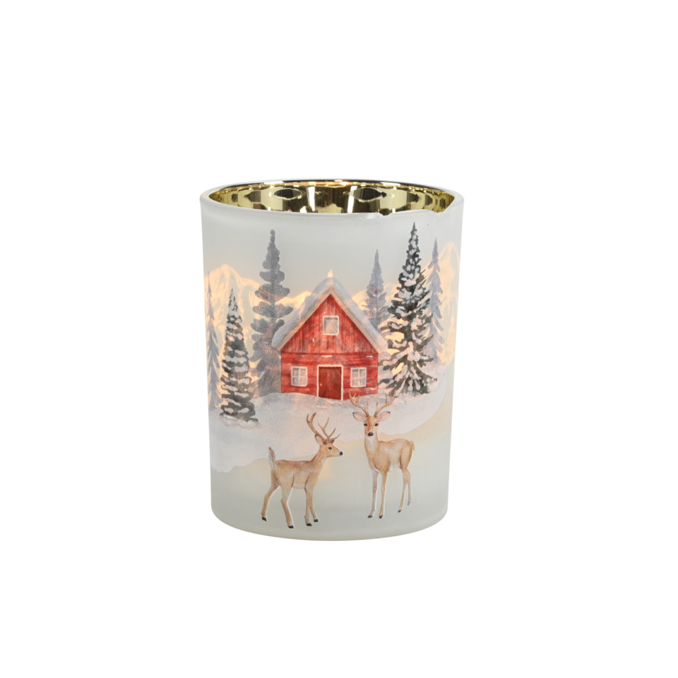  Keramik,  Winterlandschaft,  Reh,  rotes Haus,  Wald