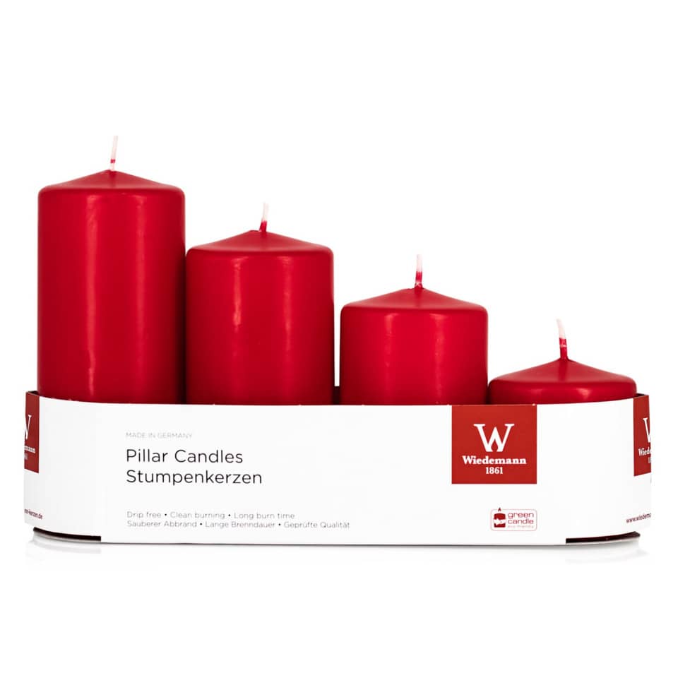 pillar candles, rote kerzen, satz aus vier, trocken brennen, runde oberfläche