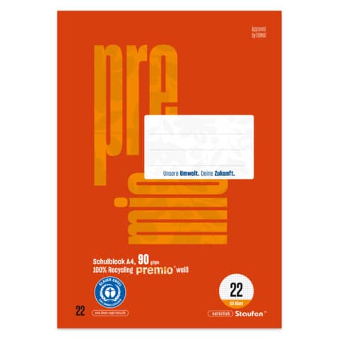 Schulblock Premio, Leimung, 4-fach, 90 g/qm, A4, 5mm kariert, LIN22, 50 Blatt STAUFEN PREMIO 040751022