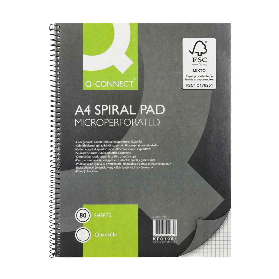 A4 Spiralblock, Mikroperforiert, Quadrille, 80 Blätter, Spiralbindung