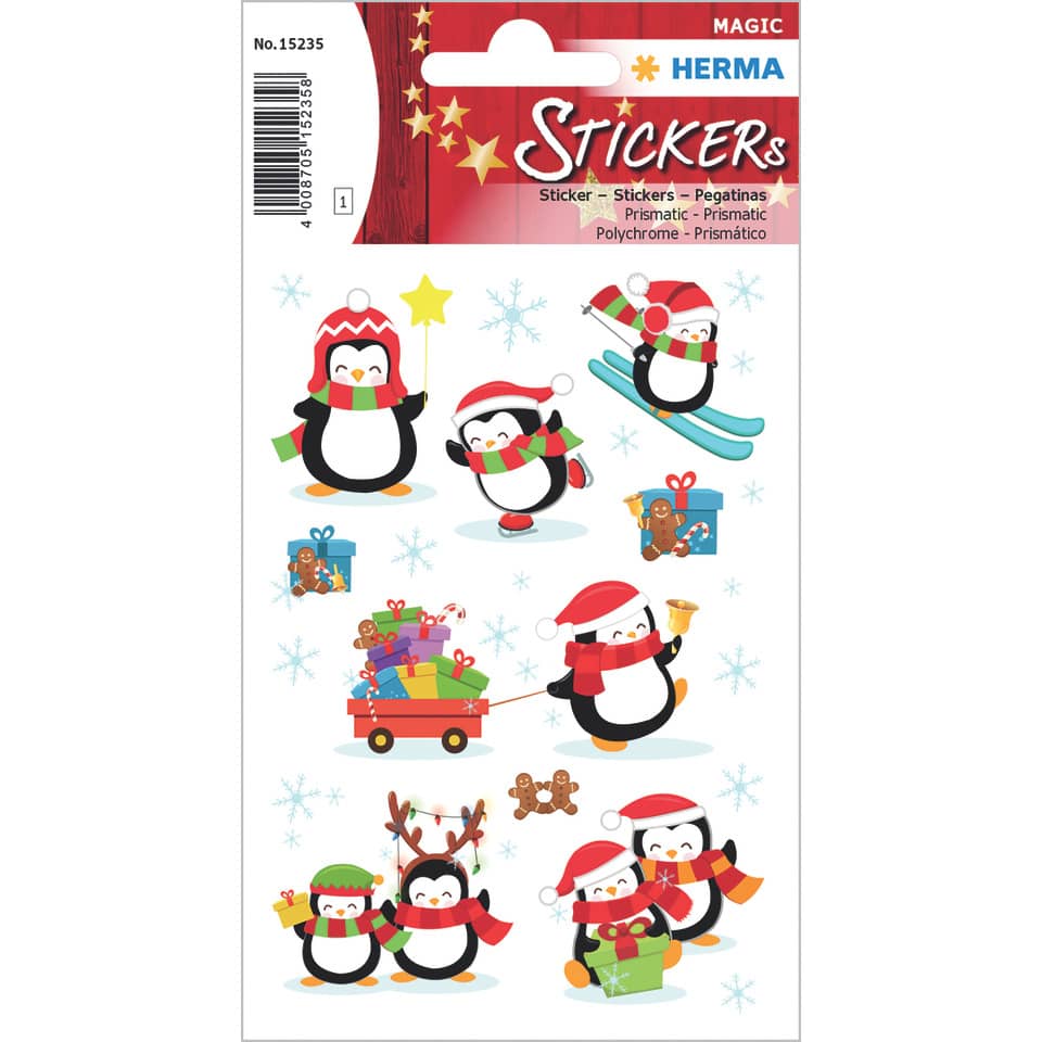Pinguin Sticker, Winterlicher Pinguin, Pinguin mit Weihnachtsmannmütze, Päckchenwagen, Schneeflocken