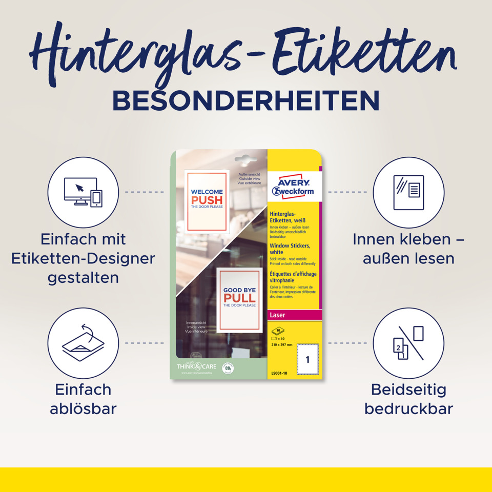 Hinterglas-Etiketten, Etiketten-Designer, Fensteretiketten, Hinterglasaufkleber, Beidseitig bedruckbar