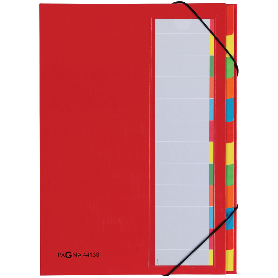 notebook, divider, multicolor tabs, red cover, elastic band