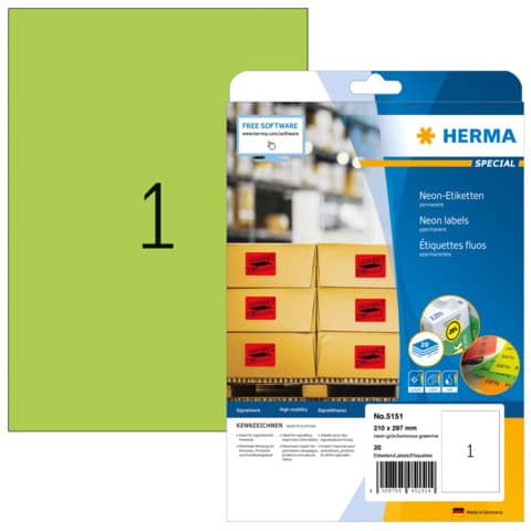 Neonetiketten permanent, 210x297mm, 20 Stück, leuchtgrün HERMA 5151