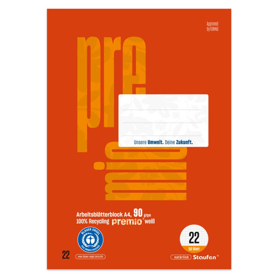 orangees Heft, Recycling-Papier, A4-Blätter, weiße Etikett, Gitter 22