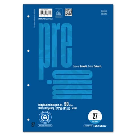 Ringbucheinlage Premio, DIN A4, 90 g/qm, liniert mit Rand innen und außen, LIN27, weiß, 50 Blatt STAUFEN PREMIO 040771027