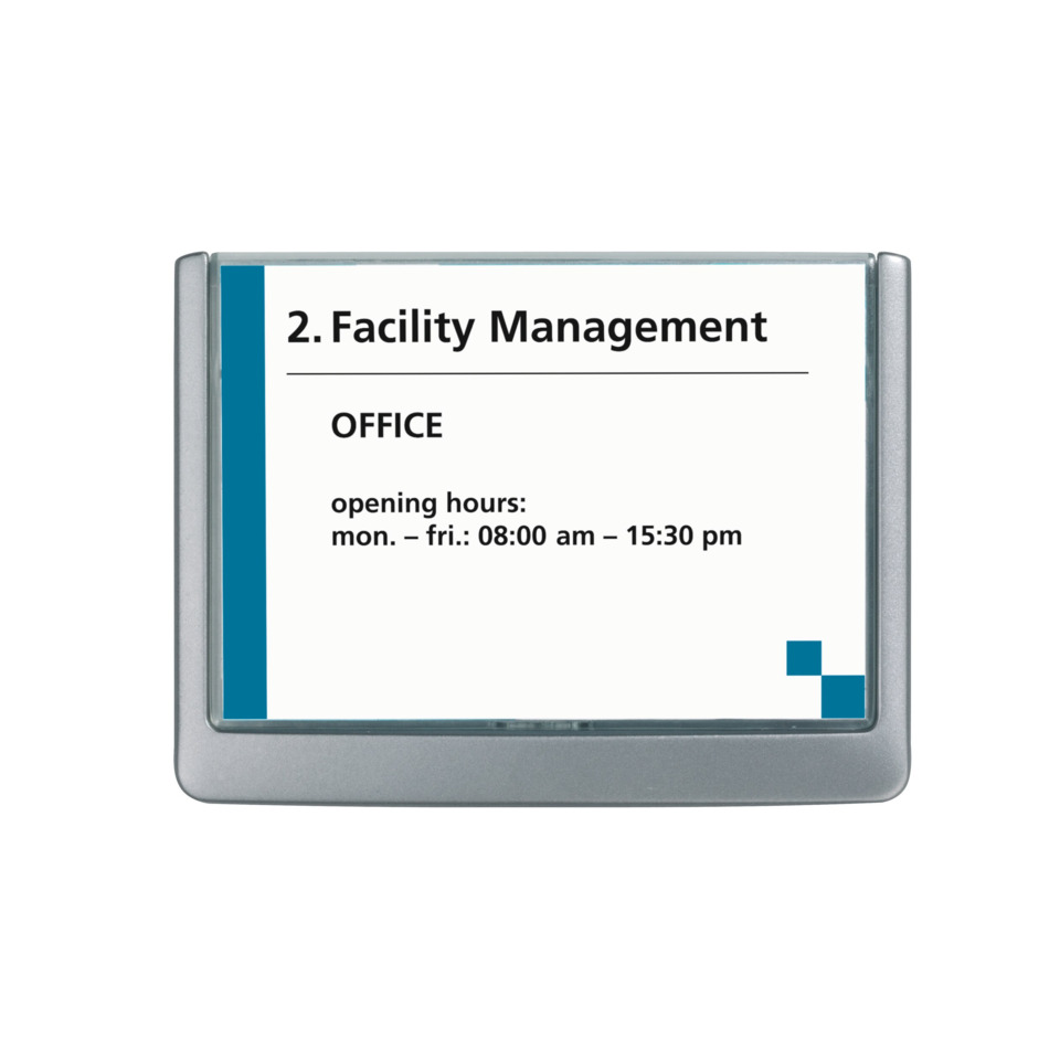 office-sign, facility-management, opening hours, digital display, frame-glass