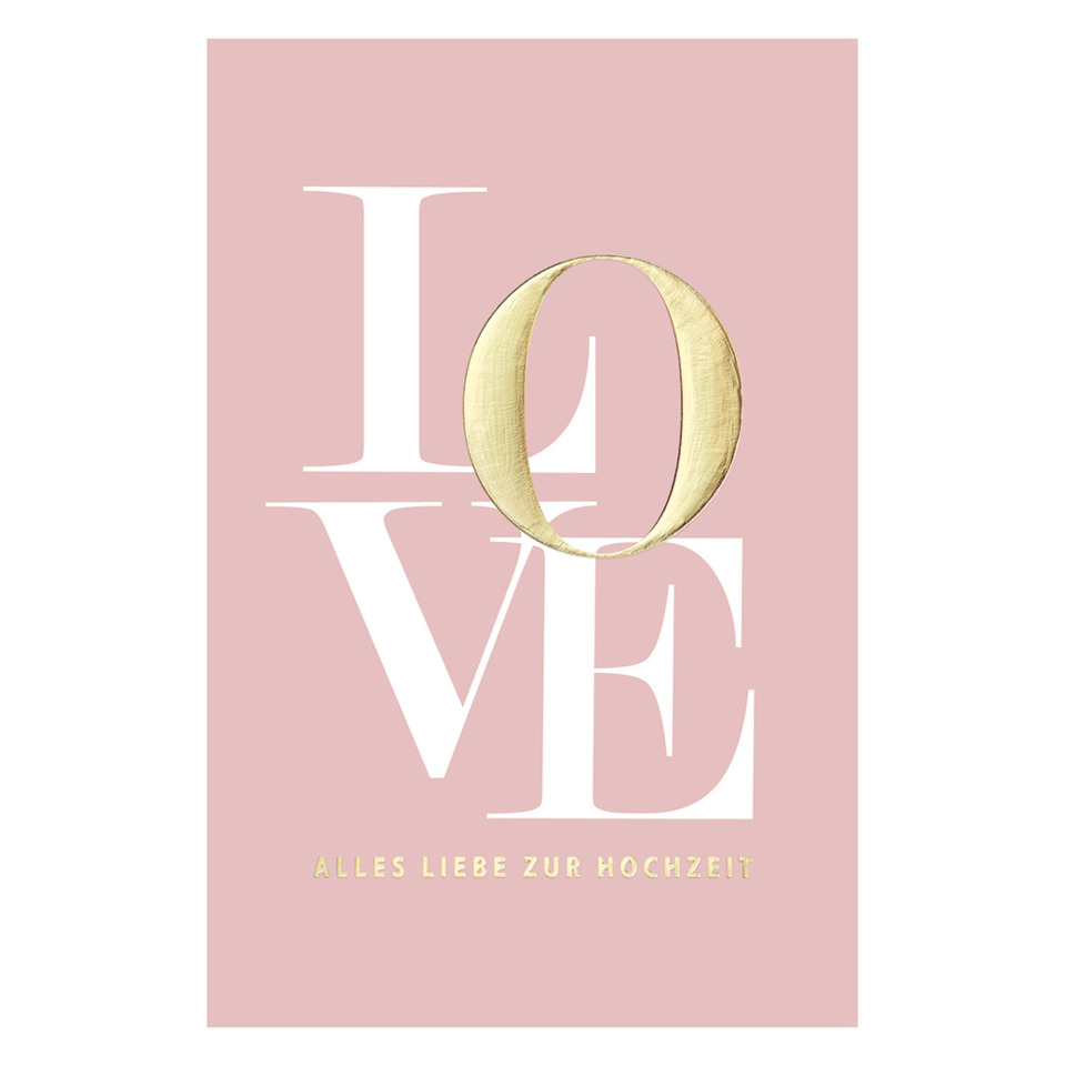 Hochzeitskarte, rosa Karte, goldener Ring, LOVE-Schriftzug, Hochzeitsmotiv