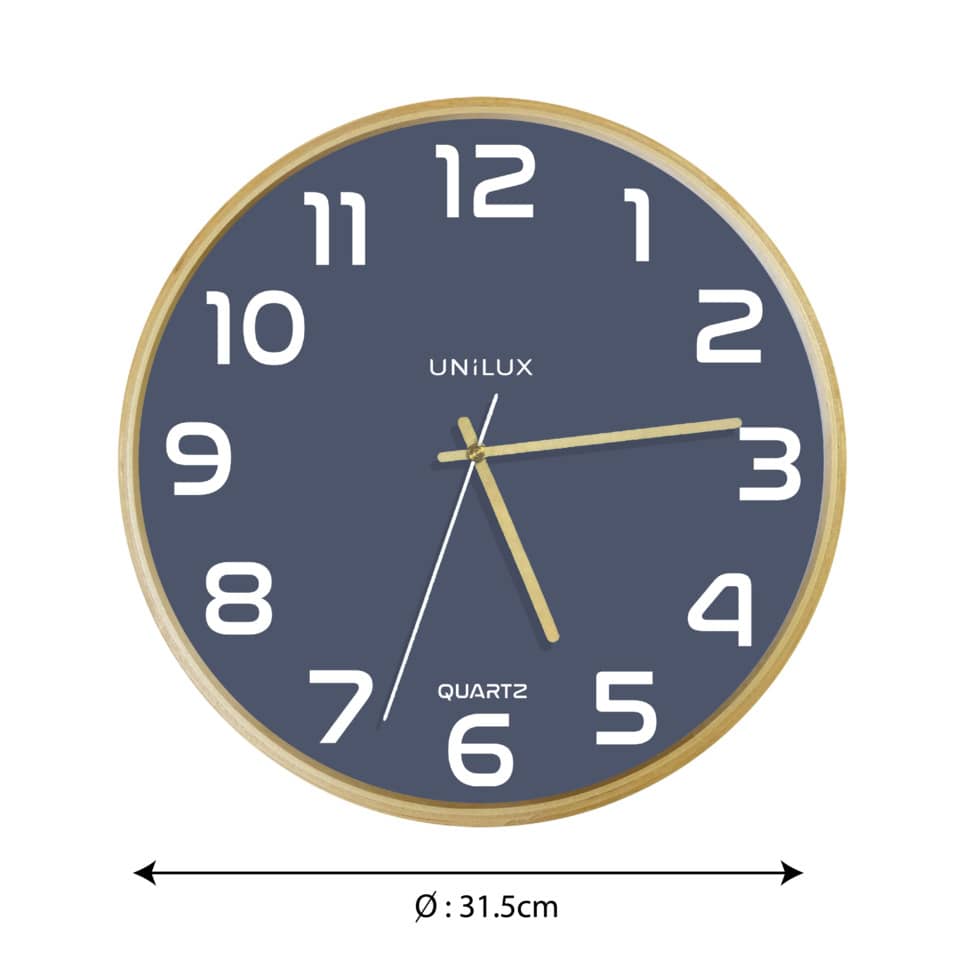 Wanduhr, Quarzuhr, Rund, Holzrahmen, Blaues Zifferblatt