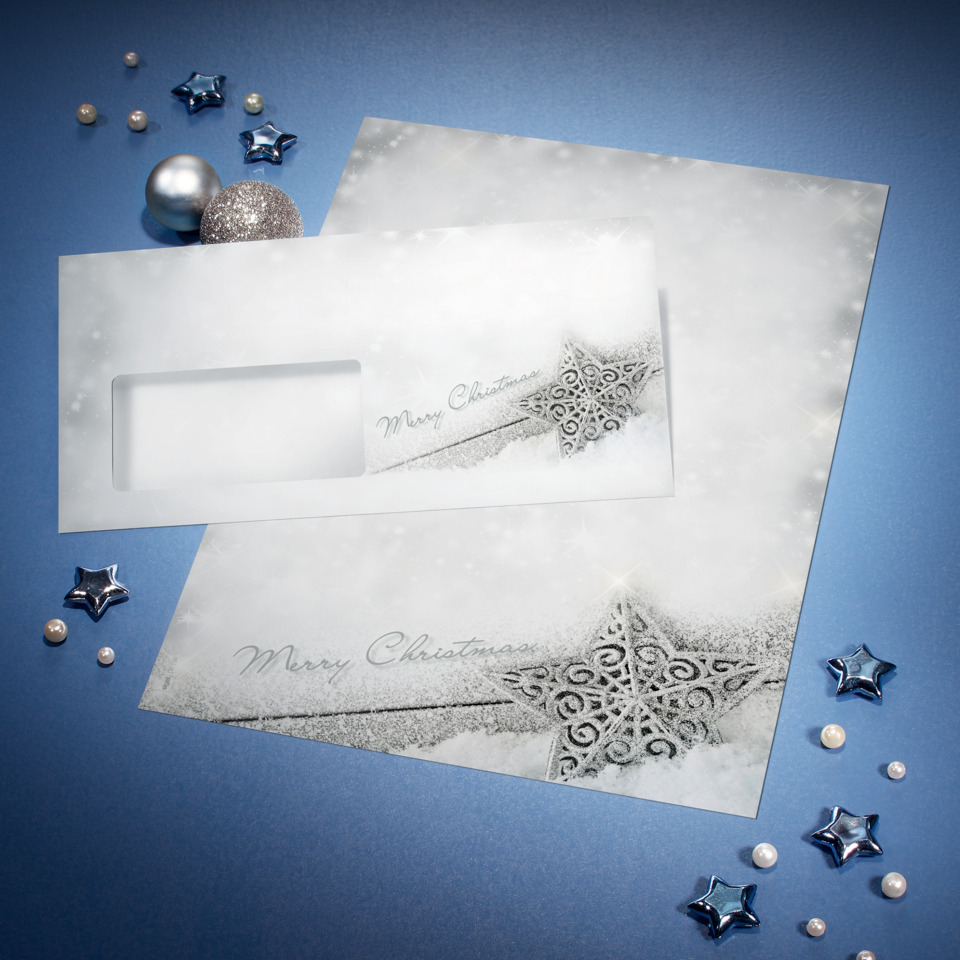 weihnachtskarte, briefumschlag, sternendesign, schneeoptik, weihnachtsmotiv, Weihnachtskarte, Grußkarte, Schneeflitzer, Schneesterne, Winterdesign