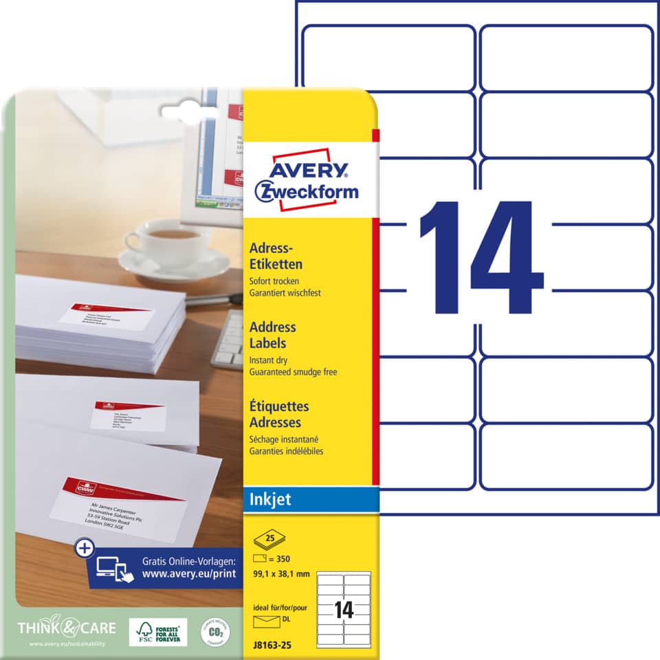 Adhesive Etiketten, Adressetiketten, Etikettenbögen, Druckeretiketten, Avery Think & Care