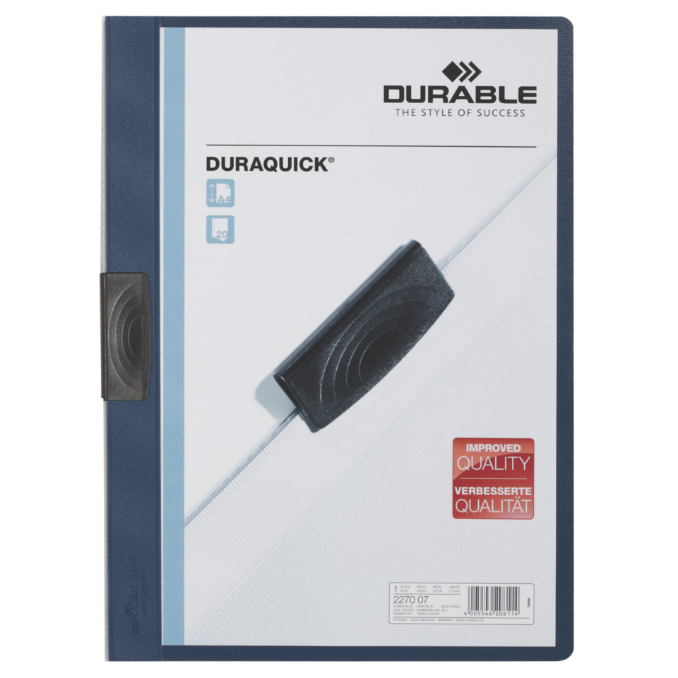 Klemm-Mappe DURAQUICK®, Weich-/Hartfolie, 20 Blatt, transparent/dunkelblau DURABLE 2270 07