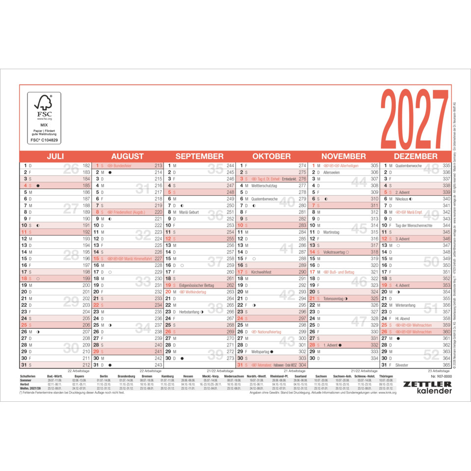 kalender, Jahreskalender, Monatskalender, 2027, Zettler Kalender
