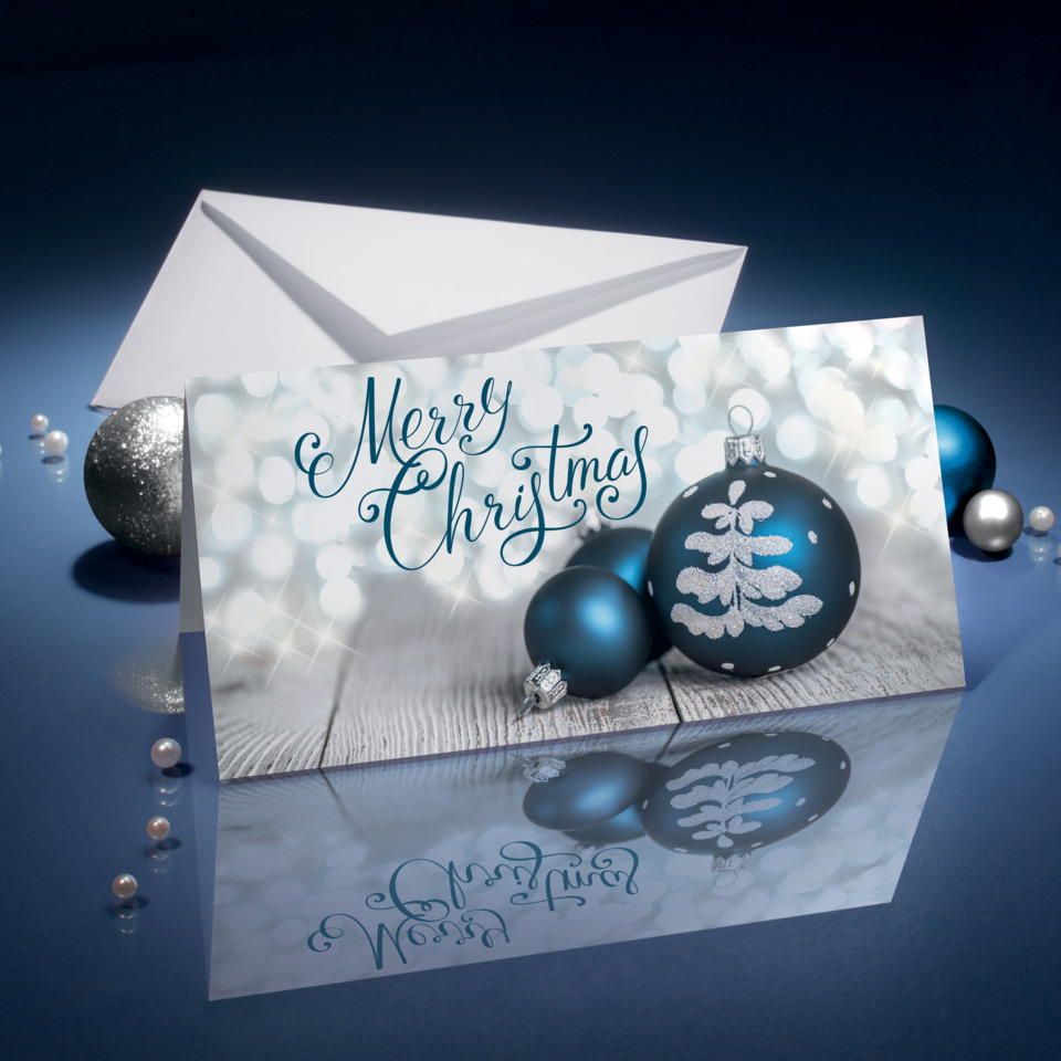 Weihnachtskarte, Kartenmotiv, Weihnachtsbaum, Blau, Glitzer