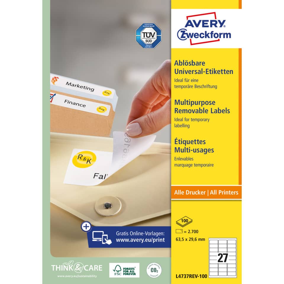 Etikettenblätter, Abnehmbare Etiketten, Druckeretiketten, Avery, Vielzweck-Etiketten