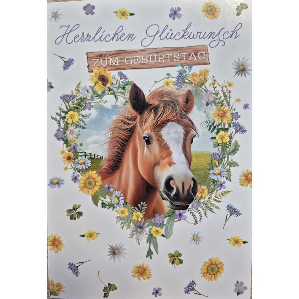 Geburtstagskarte, Pferdemotiv, Blumenkranz, Bunte Blumen, Grußkarte