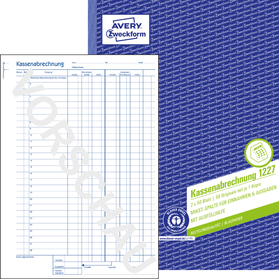 Kassennachweisung, Kassenbuch, Papier, Umlage, blaues Muster, Kassenbelegung, Kassenabrechnung, A4-Papier, Kassenformular, Blauer Karton