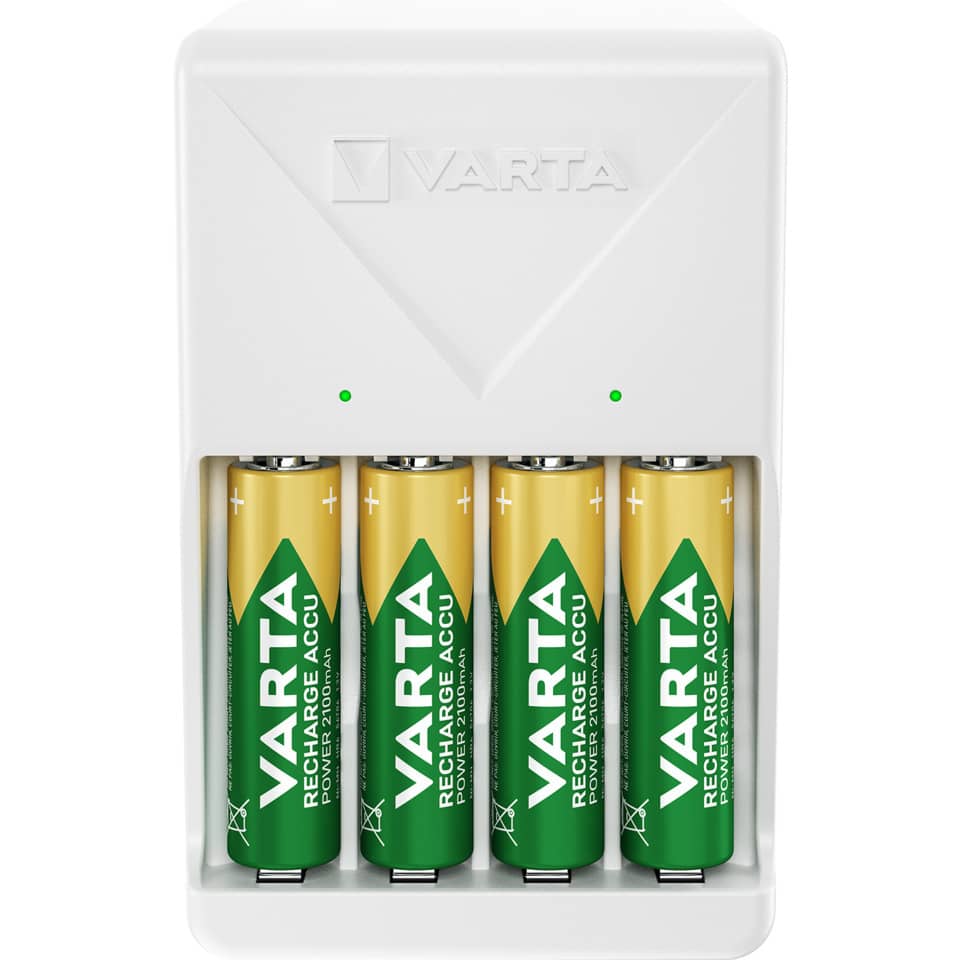 AA Alkaline Batterien, Batterie-Ladegerät, vier Batterien, Grün Gelb, VARTA