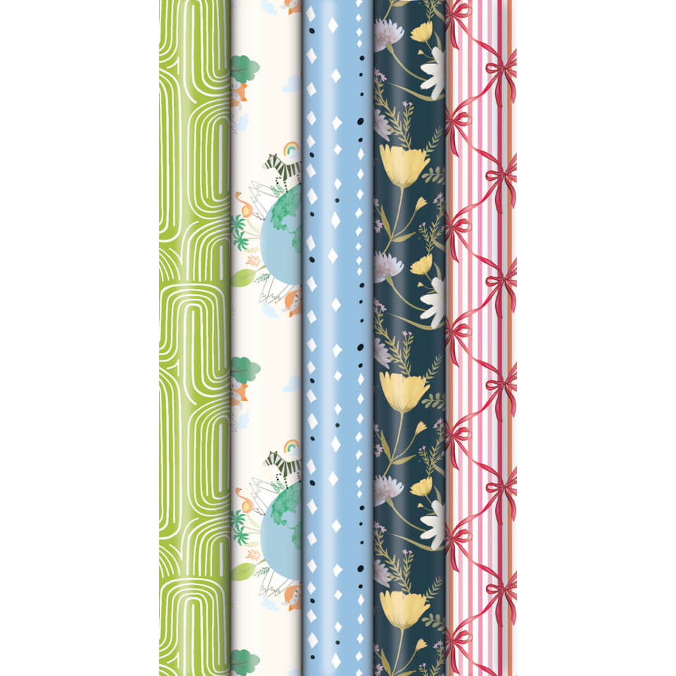 Geschenkpapier, Papierrolle, Blumenmuster, Grünes Muster, Streifen