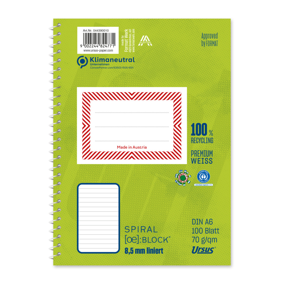 Notizbuch, Spiralbindung, Klemmband, DIN A6, 80 g/m²