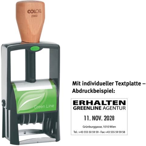 Selbstfärbestempel Green Line mit Platte, Datum + 4 Zeilen   individuell COLOP 2360GLP