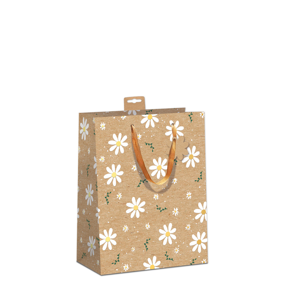 Geschenkverpackung, Geschenkbeutel, Kraftpapier, Margeritenmuster, Raffia-Schnur