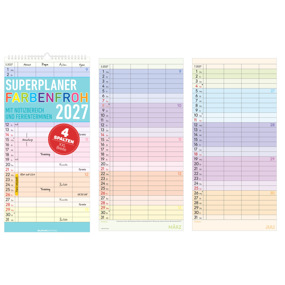 Kalender, Monatskalender, Farbenfroher Kalender, 4 Spalten, A4 Größe