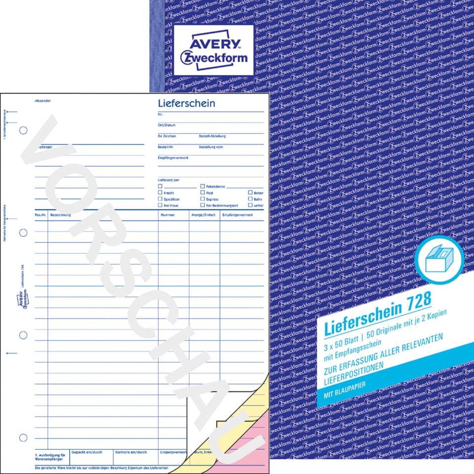 Avery Zweckform, Lieferschein, Kein Text, Blaue Verpackung, Druckformular