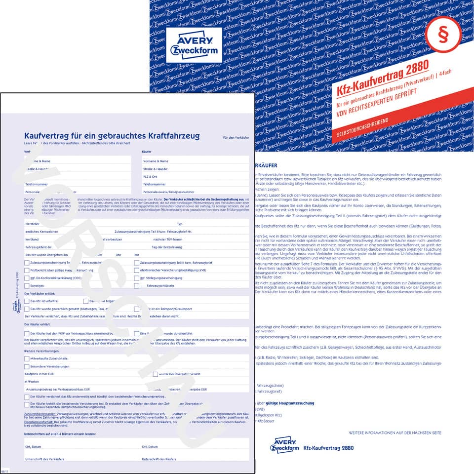 Kaufvertrag, Kraftfahrzeug, Vertragsformular, Autokauf, Kfz-Vertrag